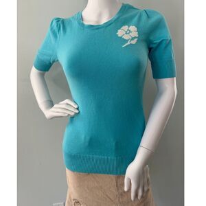 Old Navy Aqua Blue Knit White Floral Flower Short Sleeve Top size Small